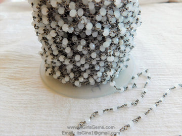 4 mm White Chalcedony Gunmetal Black Rosary Chain CH #312, Wire Wrapped Chains, By The Foot